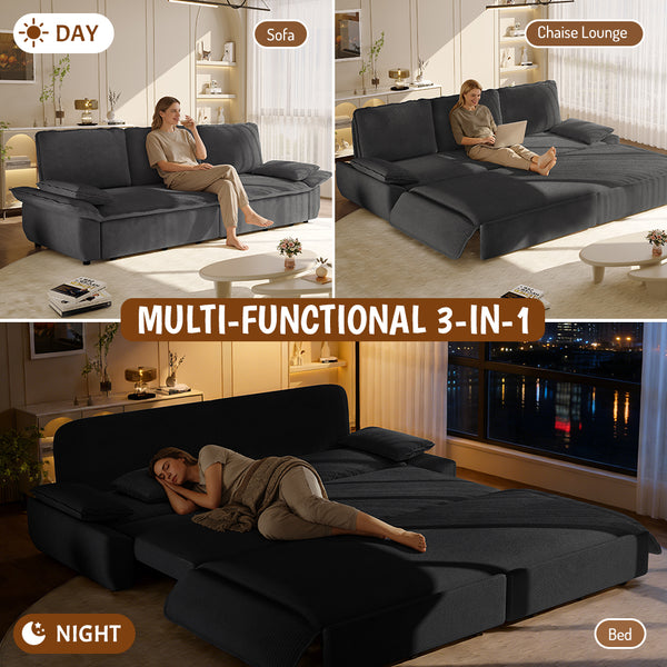 English Elm 94.5" King Convertible Sleeper Sofa Corduroy Upholstered Chaise Lounge Guest Room Bed Grey W1885S00308