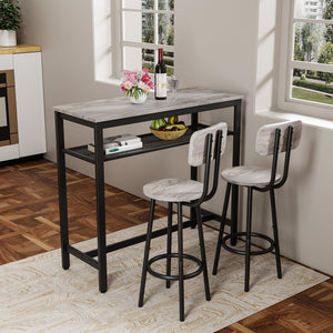 English Elm Bar Pub Table and 2 Stools Set – Space-Saving Grey MDF & Steel Bistro Dining Set for Kitchen, Party Room, Compact Living W578P304319