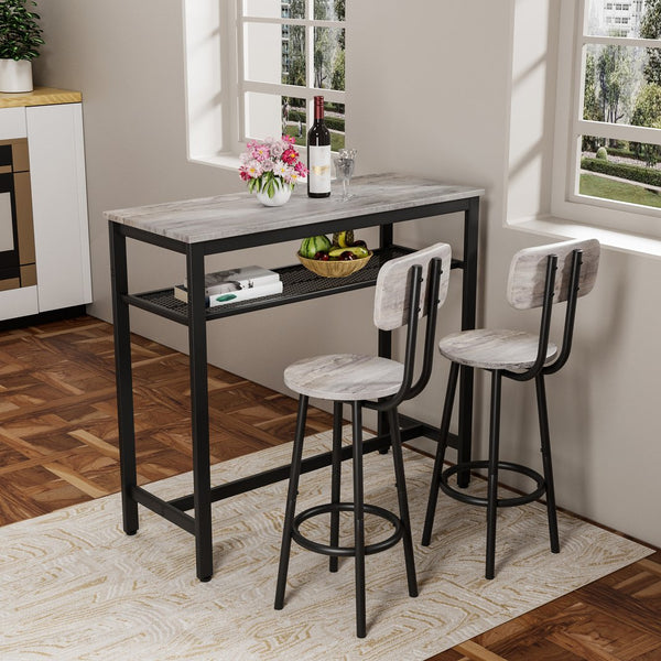 English Elm Bar Pub Table and 2 Stools Set – Space-Saving Grey MDF & Steel Bistro Dining Set for Kitchen, Party Room, Compact Living W578P304319