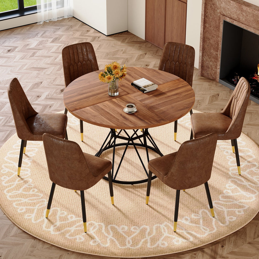 English Elm Table and Chair Set Round Walnut Mdf Top Six Seat Dining with Gold Accent Legs W1151S04846