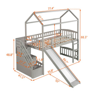 English Elm Twin House Loft Bed with Slide Two Drawers Storage Steps Kids Playroom Gray LT100130AAE