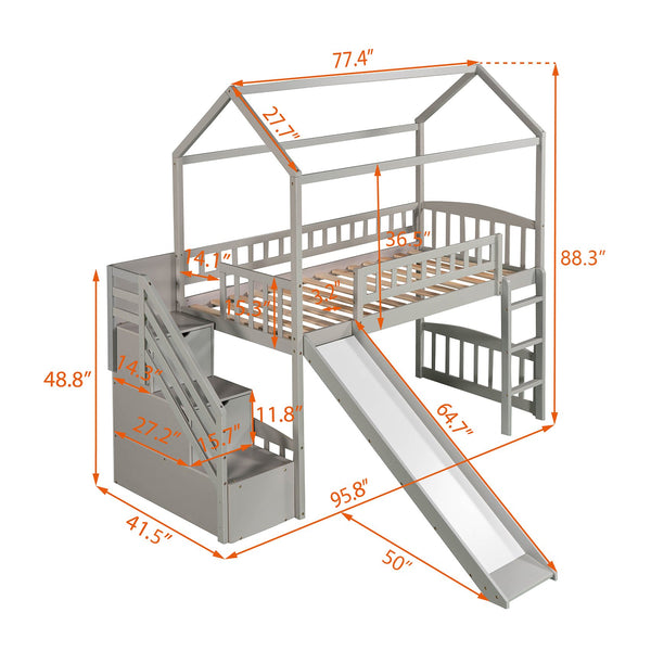 English Elm Twin House Loft Bed with Slide Two Drawers Storage Steps Kids Playroom Gray LT100130AAE
