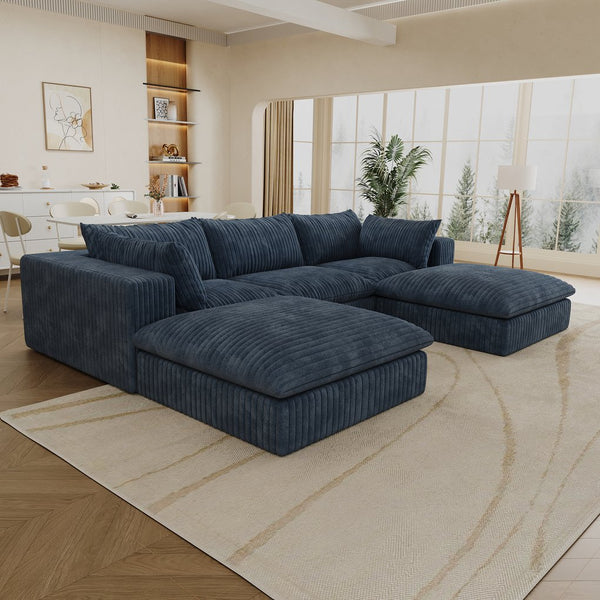 English Elm 118.2" Cloud Sofa – Luxurious Corduroy Deep Seat Couch, No Assembly, Removable Cushions, Blue Style W2824S00106