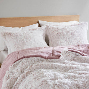 English Elm 2 Piece Shaggy Faux Fur Twin Comforter Set Hypoallergenic Cozy Textural Bedding Pink+White B035P319586