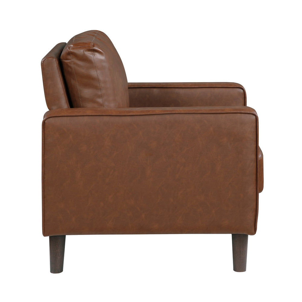 English Elm Modern Malcolm Upholstered Faux Leather Accent Chair with Track Arms, Welt Trim, Solid Wood Frame, Comfortable Cushion Seating for Living Room Chocolate 31.5 L x 24 W x 24.5 H B011P395008