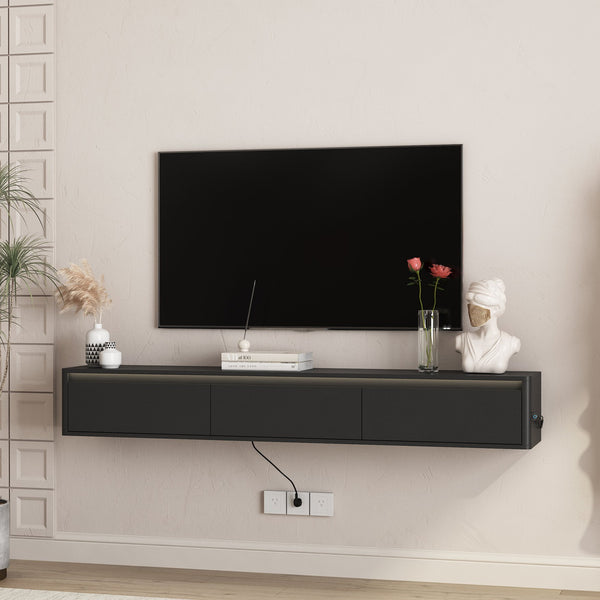 English Elm Floating TV Stand with Touch LED Strip, Built-In Power Hub & Ample Storage for Modern Living Rooms Black 74.61 L x 17.52 W x 6.1 H W1321P389542