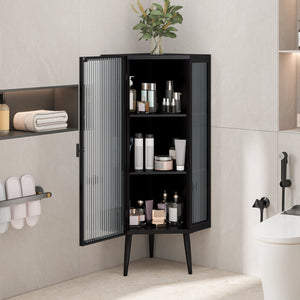 English Elm 22.25'' Floor Corner Cabinet with Tempered Glass Doors, Three-Tier Metal Frame Storage for Home Black W757P180792