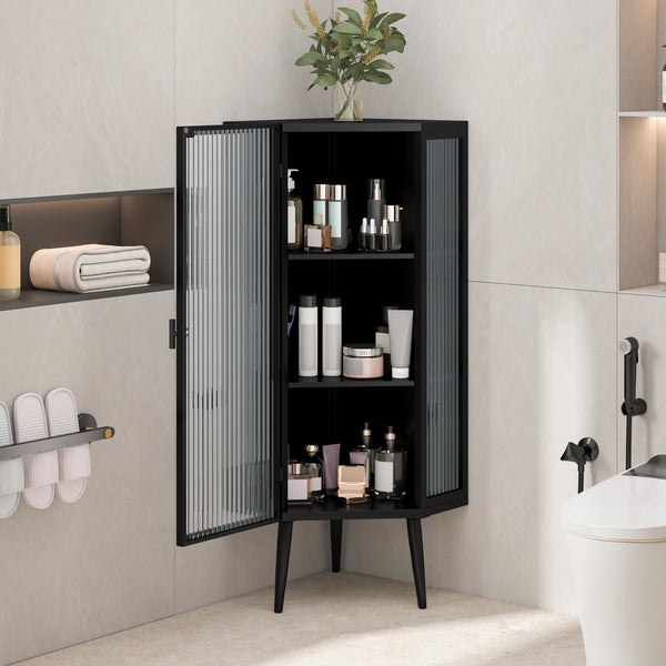 English Elm 22.25'' Floor Corner Cabinet with Tempered Glass Doors, Three-Tier Metal Frame Storage for Home Black W757P180792