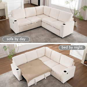 English Elm Sectional Corduroy Sleeper Sofa with Storage and Charging Ports for Small Spaces White W1361S00075