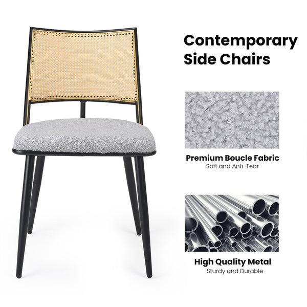 English Elm Dining Chairs Mid-Century Modern Rattan Backrest Bouclé Upholstered Metal Frame Comfortable Design LIGHT GREY T3623P379924