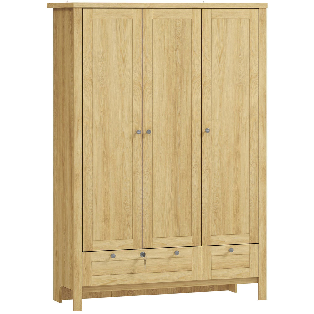 English Elm 3 Door Wardrobe Closet with Shaker Panels Hanging Rail Shelves and Locking Drawer T3971S00093