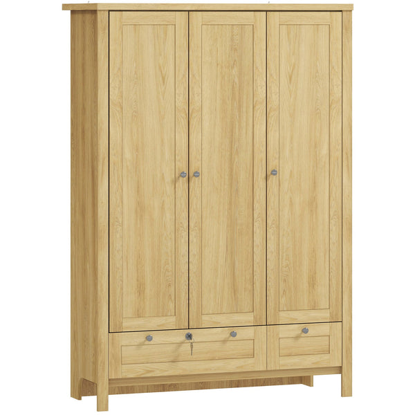 English Elm 3 Door Wardrobe Closet with Shaker Panels Hanging Rail Shelves and Locking Drawer T3971S00093