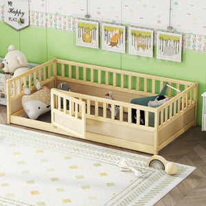 English Elm Twin Size Montessori Floor Bed With High Security Barrier & Child-Friendly Door - Natural Wood W1858P195272-GIGA