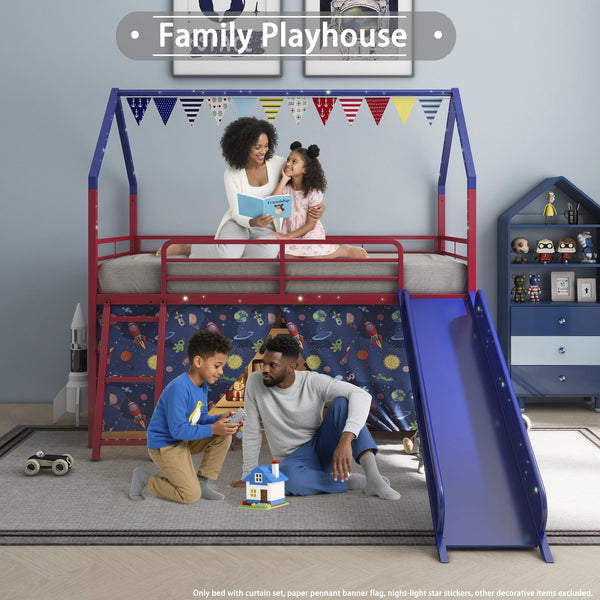 English Elm Jack Metal Junior Loft Bed With Slide & Curtain Set – Superhero Red & Blue Design For Fun Playtime! B083P354665