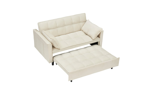 English Elm Modern Velvet Sofa Pull-Out Bed 3-in-1 Convertible Love Seat with Pillows, Spacious 500lb Support Beige W3371P314973