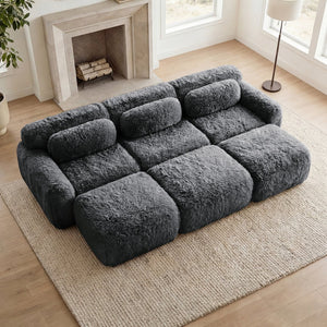 English Elm 3-seater Curved Modular Sectional Plush Upholstered Sofa with Linkable Ottoman for Living Rooms Dark Grey W714S01552