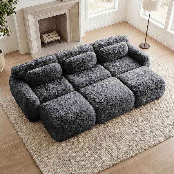 English Elm 3-seater Curved Modular Sectional Plush Upholstered Sofa with Linkable Ottoman for Living Rooms Dark Grey W714S01552
