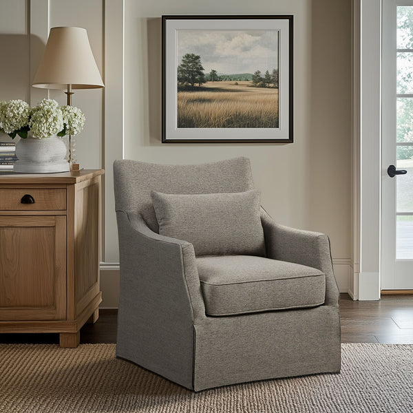 JLA Home Martha Stewart - London Skirted Swivel Armchair with Lumbar Pillow — Farmhouse Linen Look, 360° Smooth Rotation Tan Multi MT103-1198