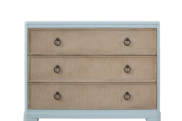 English Elm Ocean Light Blue 3-Drawer Hall Chest with Cane Fronts, Cedar-Lined Bottom & Custom Hardware Finish B2699P218294