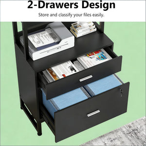 English Elm Ample Steel Office Filing Cabinet with Open Bookcase Shelves and Locking Document Drawers Black T3971P448270