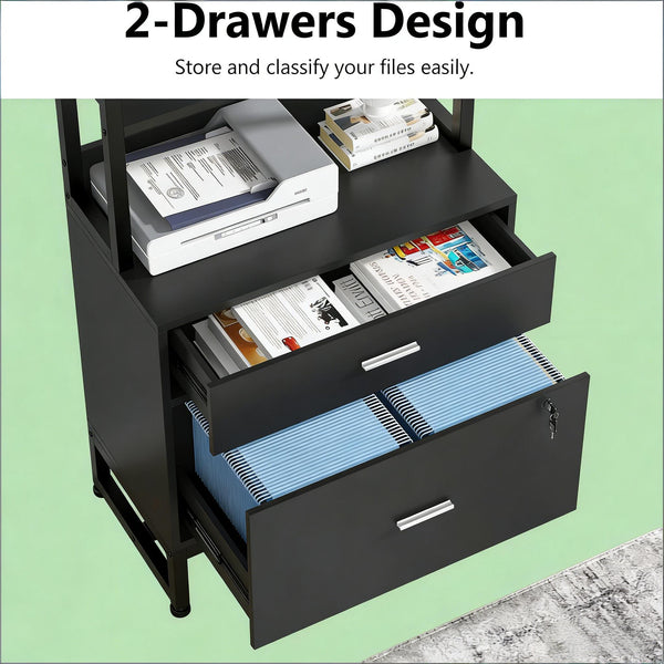 English Elm Ample Steel Office Filing Cabinet with Open Bookcase Shelves and Locking Document Drawers Black T3971P448270