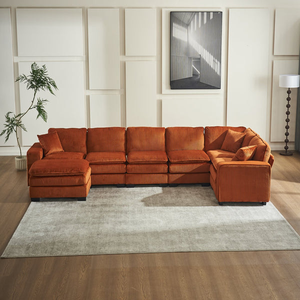 English Elm Modern U Shaped 6-Seat Sectional Sofa with Ottoman and 3 Toss Pillows, Corduroy Modular Comfort and Durable Frame Orange W2363S00043