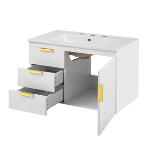 English Elm 30" Wall Mounted Bathroom Vanity with Ceramic Basin Sink, Floating Storage, Soft-Close Doors, Modern Elegance White N710P324096K