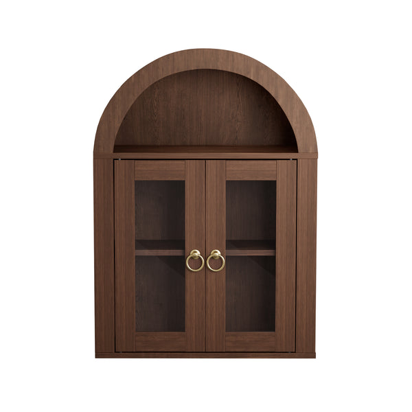 English Elm Wall Mounted Arched Cabinet Tempered Glass Doors Led Lighting Adjustable Shelves Bathroom Brown T3210P471553