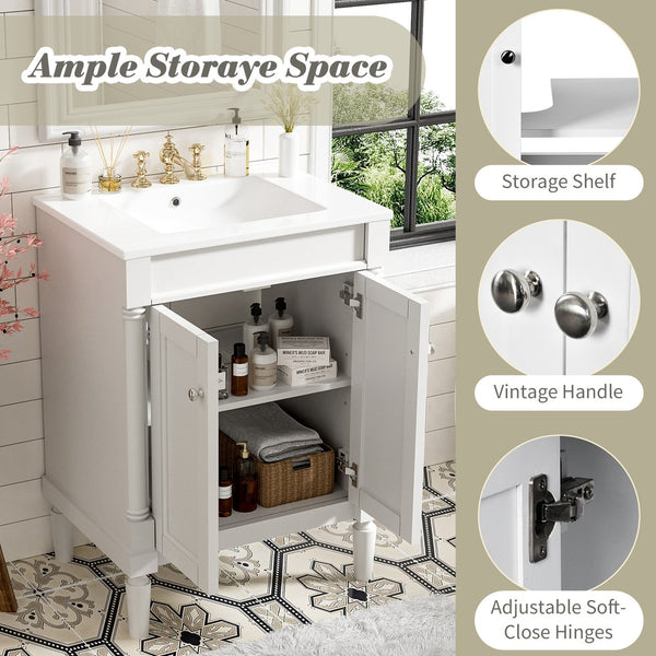 English Elm 24'' Modern Bathroom Vanity with Ceramic Basin, Solid Wood Frame, Soft-Close Doors, Ample Storage White N710P190503K