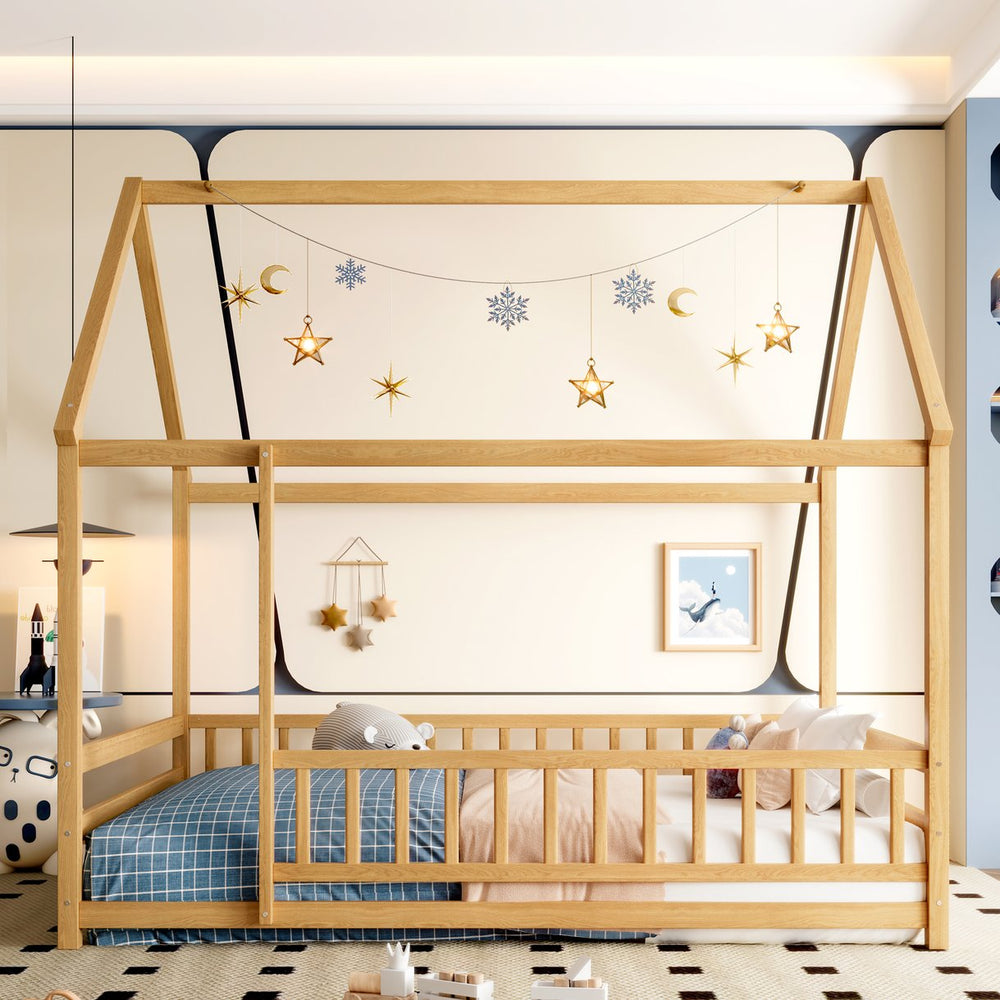 English Elm Twin Pine House Frame Floor Bed with Peaked Roof and Fence Guardrails for Kids Natural W1858P389982