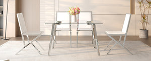 English Elm Table and Chair Set Tempered Glass Top with Silver Metal Legs Modern Luxury Dining for Four Transparent,White+Silver W1151S04788
