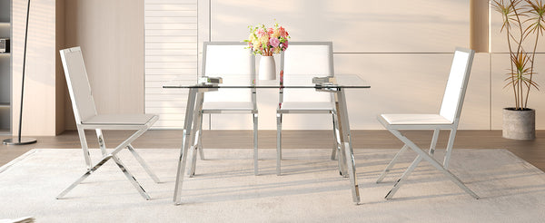 English Elm Table and Chair Set Tempered Glass Top with Silver Metal Legs Modern Luxury Dining for Four Transparent,White+Silver W1151S04788