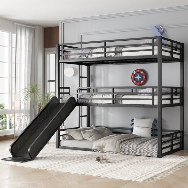 English Elm Twin Xl Metal Triple Bunk Bed With Slide, Heavy-Duty Design, Safety Guardrails, Space-Saving Solution W1580S00170-GIGA