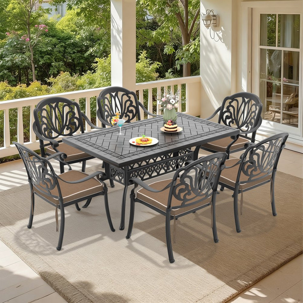 English Elm 7-piece Cast Aluminum Outdoor Dining Set Ornate Patterned Frames with Weather Resistant Cushions W1710S00575