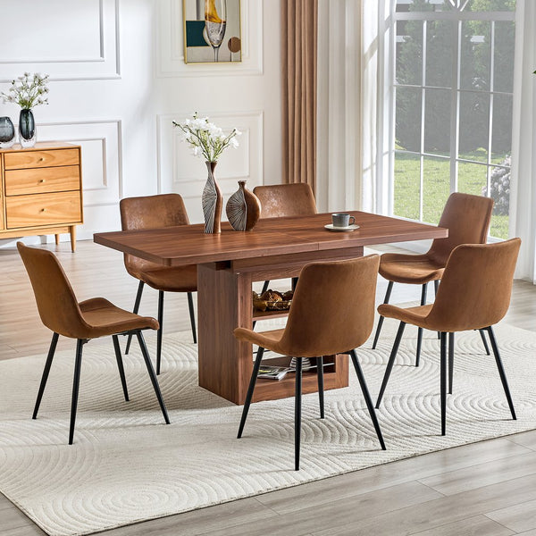 English Elm Expandable Walnut Mdf Dining Set with Six Cushioned Fabric Chairs for Modern Interiors W1151S04715