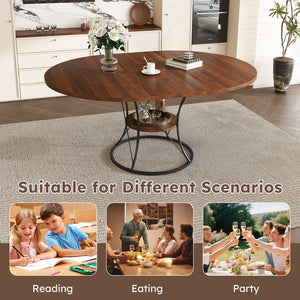 English Elm 43 Inch Expandable Round Dining Table Walnut Veneer Seats Six with Metal Storage Shelf Walnut+Black W2700P411580