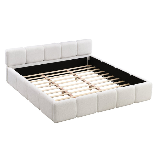 English Elm California King Boucle Upholstered Platform Bed Thick Block Headboard Modern Suite N757P391356W