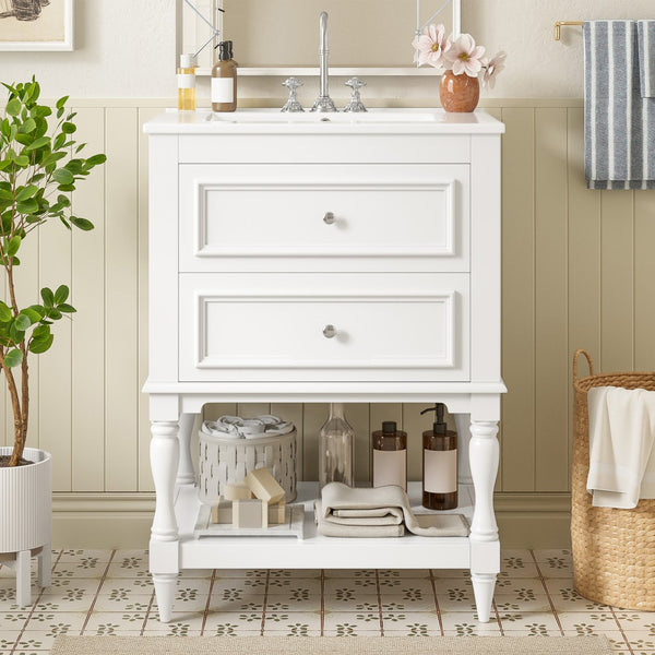 English Elm 24'' Retro Bathroom Vanity Mdf Cabinet with Ceramic Sink Open Shelf and 2 Drawers White N710P405414K