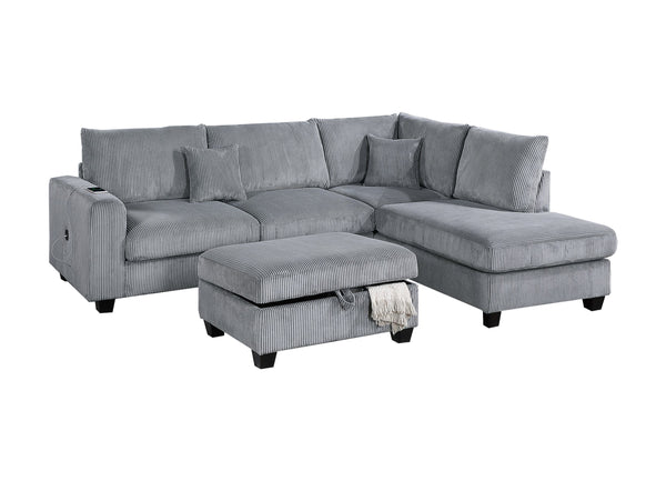 English Elm Contemporary 3pc Sectional Set with USB Charging, Corduroy Upholstery, Storage Ottoman & Pillows Fog 77 L x 35 W x 17 H B011S01239