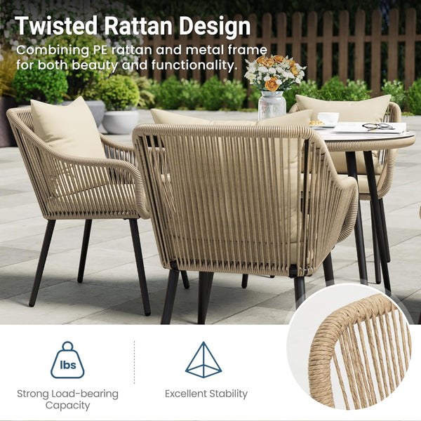 English Elm 5-piece Outdoor Wicker Patio Dining Set with Tempered Glass Table and Umbrella Hole Beige+Brown B082S00074