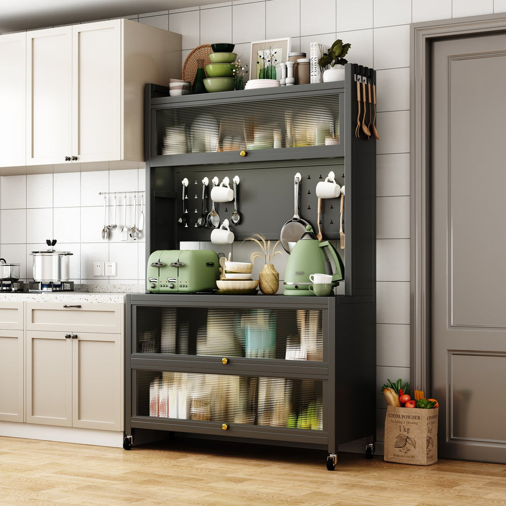 English Elm metal Bakers Rack Countertop Organizer Cabinet with Lockable Doors, 250kg Capacity, Smooth 360° Wheels W509P164652