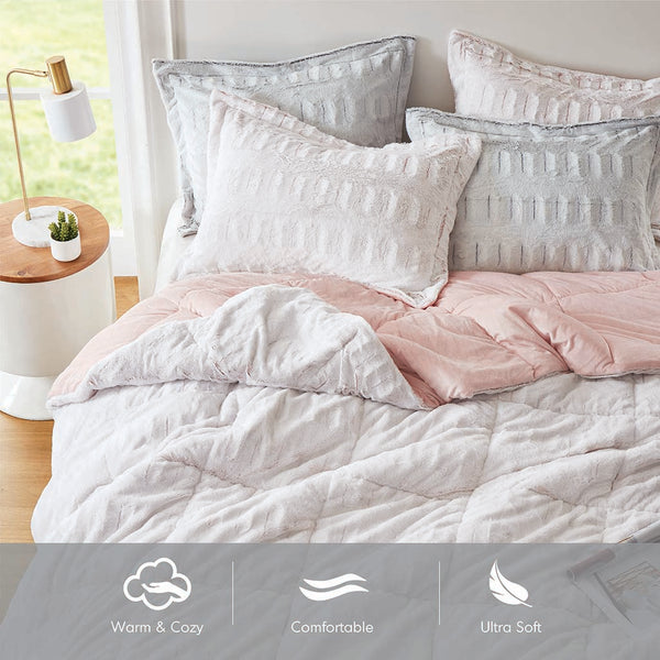 JLA Home Madison Park - Back Reversible Long Fur Comforter Mini Set — Luxe Faux-Fur & Faux-Mink, Hypoallergenic, OEKO-TEX Approved Blush/White MP10-6209