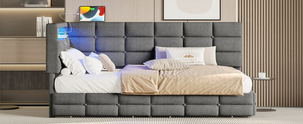 English Elm Upholstered Twin Daybed with 2 Under-Bed Drawers, Headboard Storage, USB-C Charging & LED Lights Gray 41.31 L x 21.42 W x 13.37 H N733P285121E