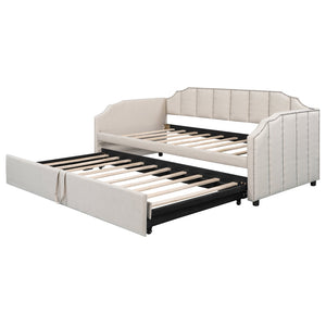 English Elm Twin Linen Upholstered Daybed with Pop up Trundle and Built in Usb Charging Beige SF000199AAA