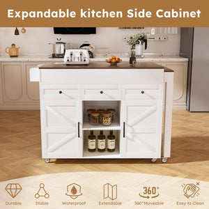 English Elm 74.8" Rolling Kitchen Island Extendable Marble Veneer Top with Power Outlet and Storage W2700S00105