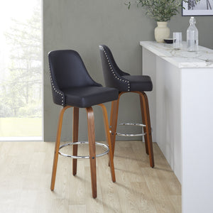 English Elm 30" Swivel Barstools Set of 2 Walnut Bentwood Faux Leather Chrome Nailhead Bar Height B202S01948