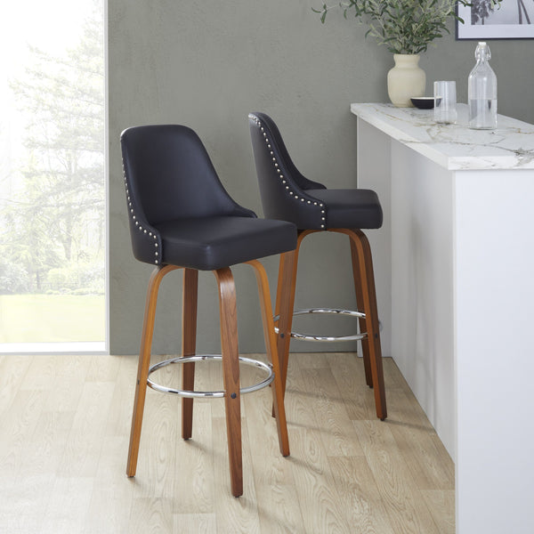 English Elm 30" Swivel Barstools Set of 2 Walnut Bentwood Faux Leather Chrome Nailhead Bar Height B202S01948