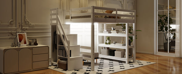 English Elm Full Size Loft Bed With Integrated Shelves, Storage Staircase, Small Wardrobe & Led Lighting N7090000472K