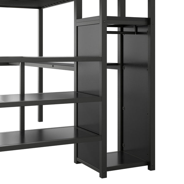 English Elm Full Size Metal Loft Bed With Desk, Storage Staircase, Wardrobe & Led Light - Space-Saving Design GX000620AAD