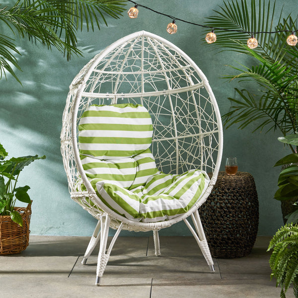 English Elm Christopher Knight Home® - GIANNI Teardrop Wicker Outdoor Chair with Water-Resistant Cushion, Handcrafted Faux Rattan Iron Frame Comfort White+Green 65645.00WGRN